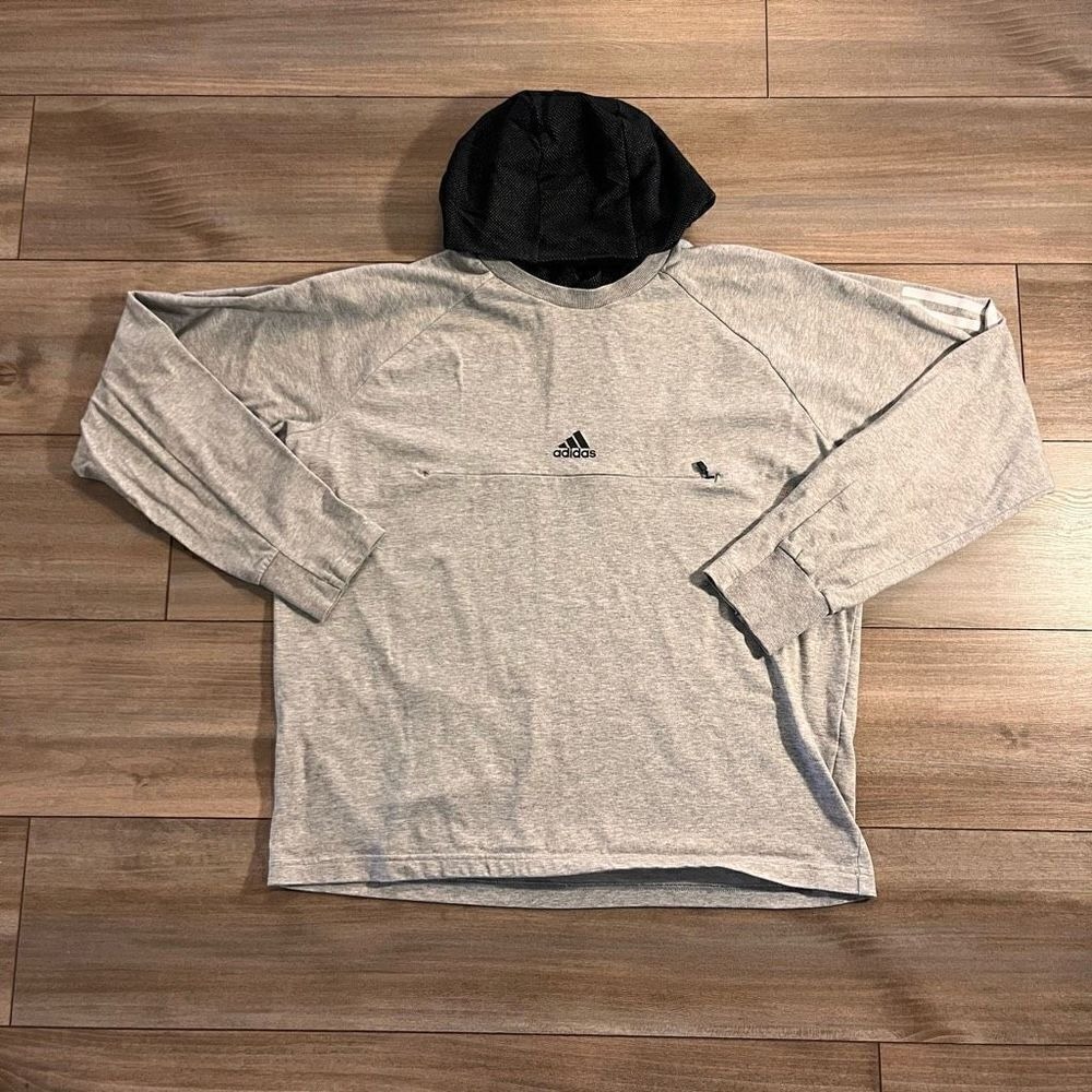 Adidas Mens Large Gray Black Long Sleeve Hooded Shirt Pullover Raglan Sleeve